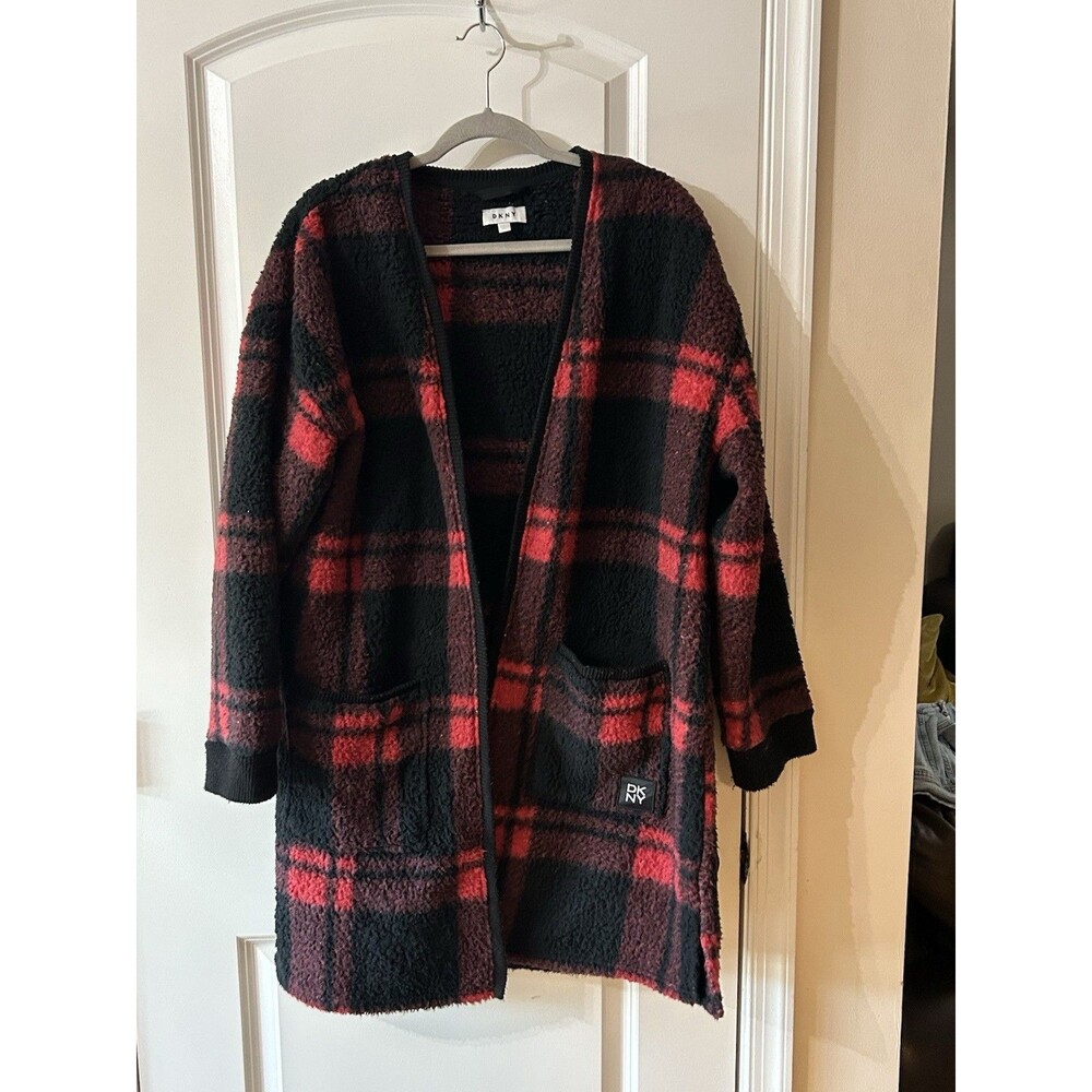 DKNY XL Red Black Buffalo Plaid Open Front Fleece Cardigan Sweater